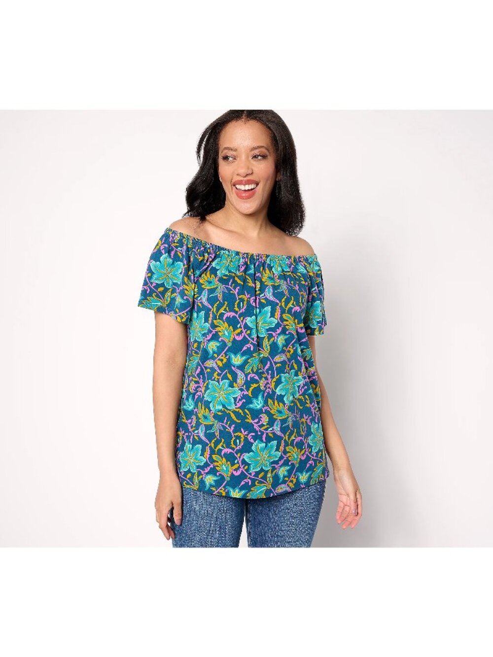 Denim and Co Favorite Jersey Off Shoulder Flutter Sleeve Printed Top Womens L NE